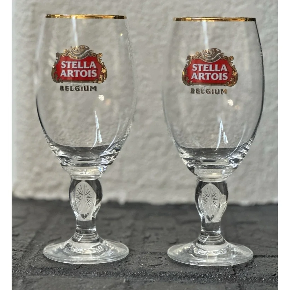 Set of 2 Stella Artois Anniversary Chalice 33cl Beer Glass Belgium Gold Rim